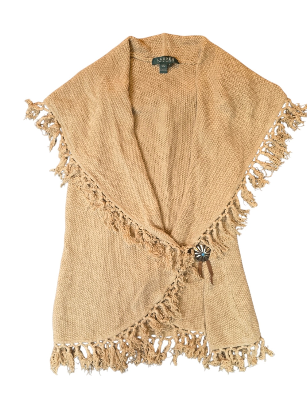 Lauren Ralph Lauren Small Fringed Knit Open-Front Vest Camel Concho Button